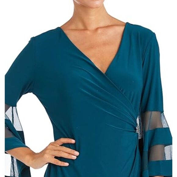 Wrap dress with sheer sleeves and rhinestone accent - Picture 2 of 8